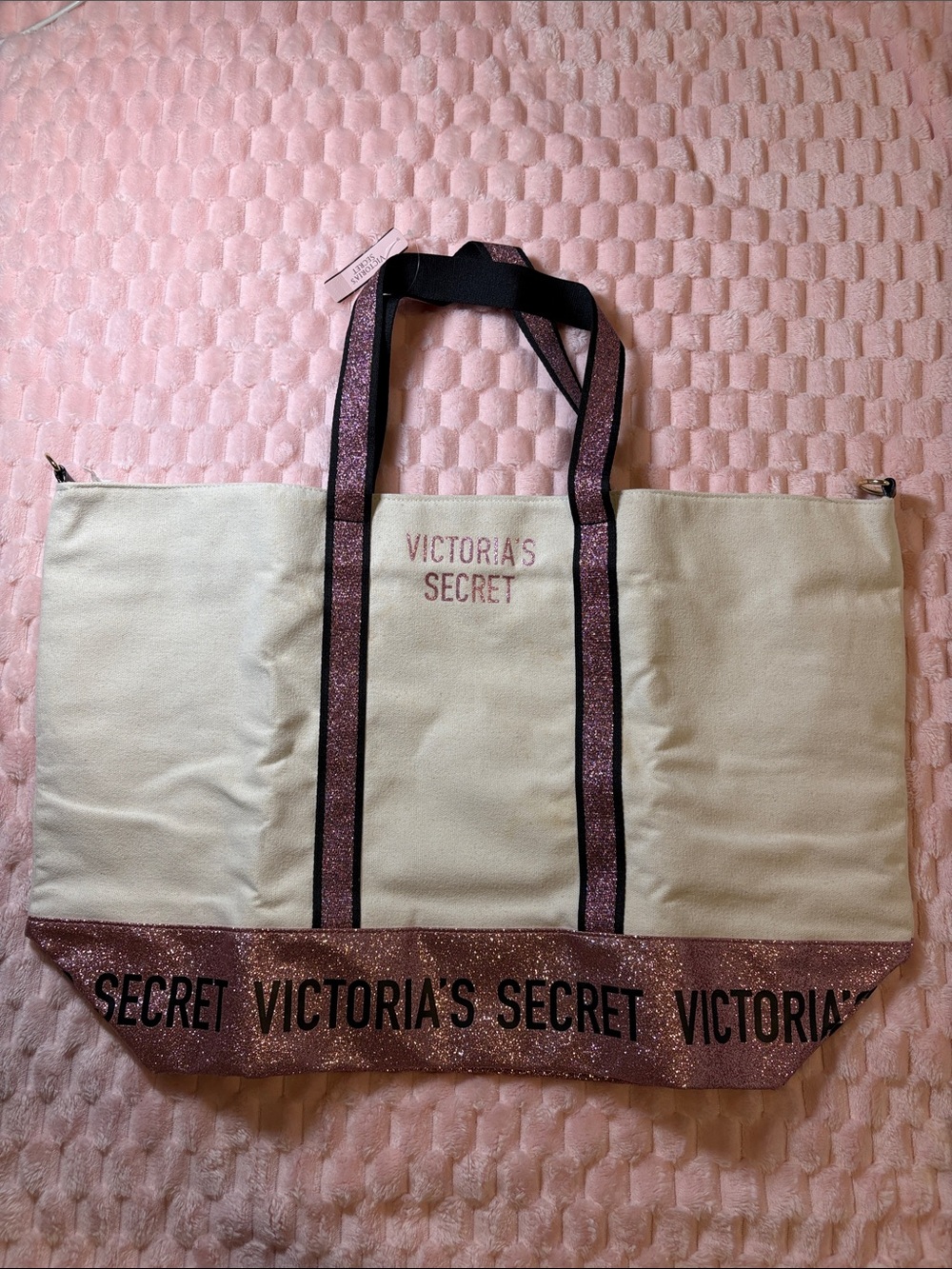 Y2K Victoria's Secret Cream Tote with Pink Glitter Trim